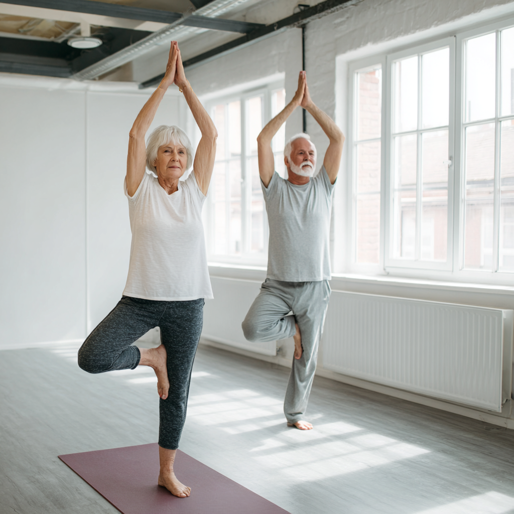 senior adults practicing yoga poses in bright studio space